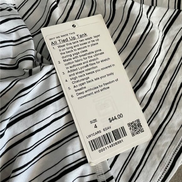 NWT Lululemon All Tied Up Tank Cut Back Stripe White Black 4 - Picture 5 of 5